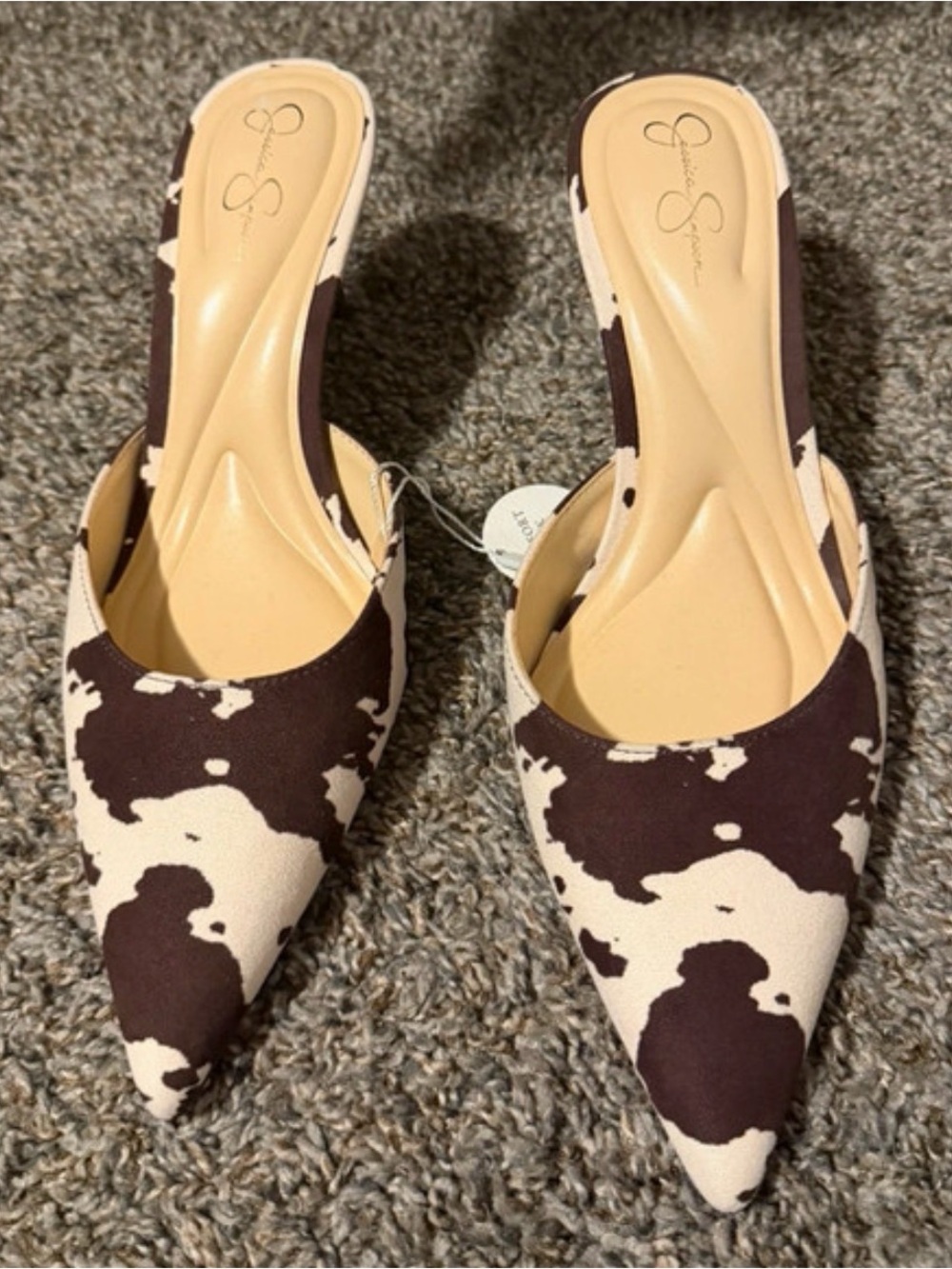 Jessica Simpson Cowprint Pointed Slide Mules in Brown & Cream